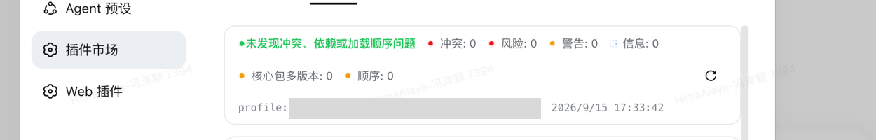 插件市场 → 高级 → 诊断，含冲突 / 风险 / 警告计数与检查项列表