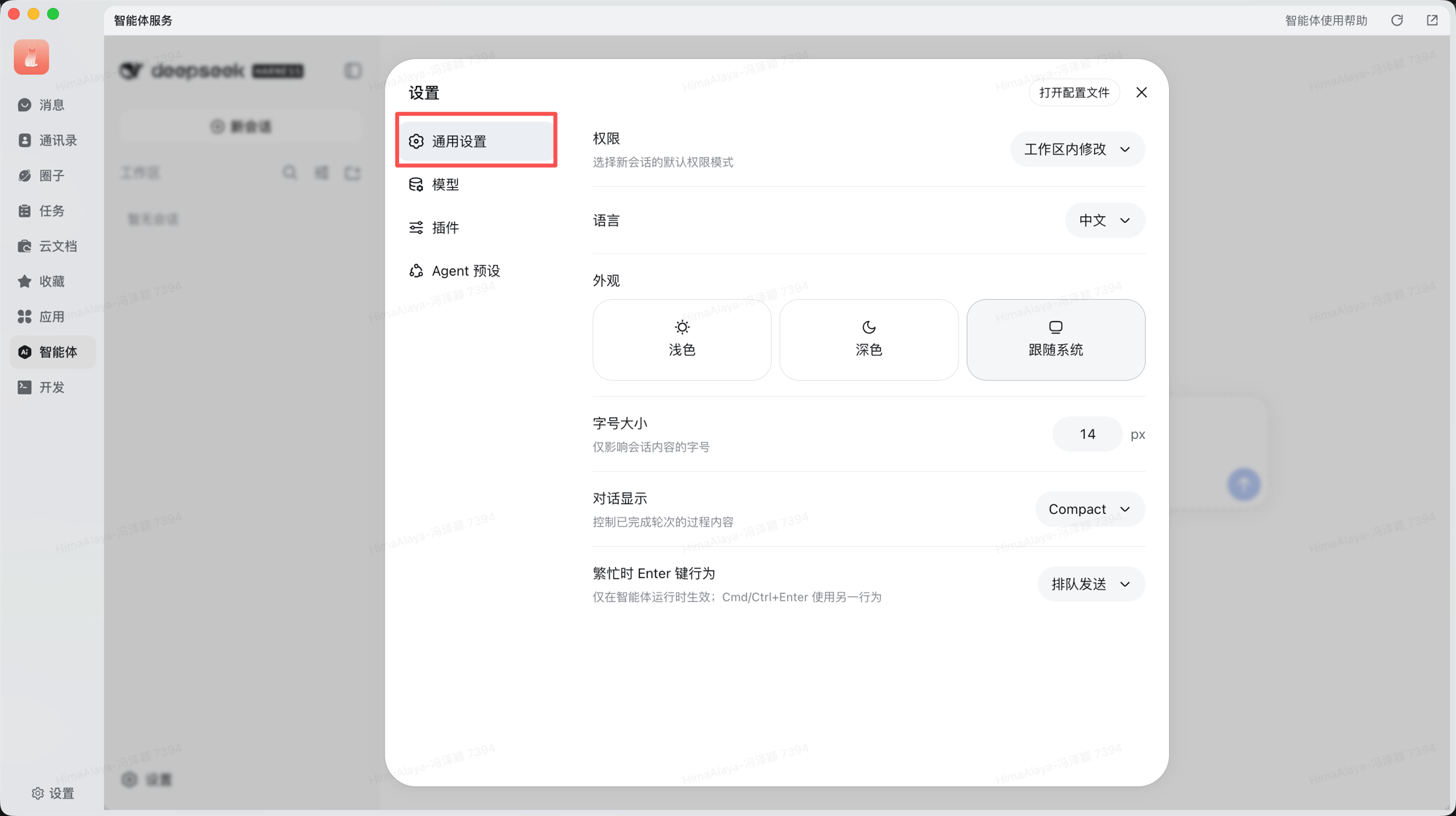 智能体 → 设置 → 通用设置，含权限、语言、外观、字号大小、对话显示等设置行