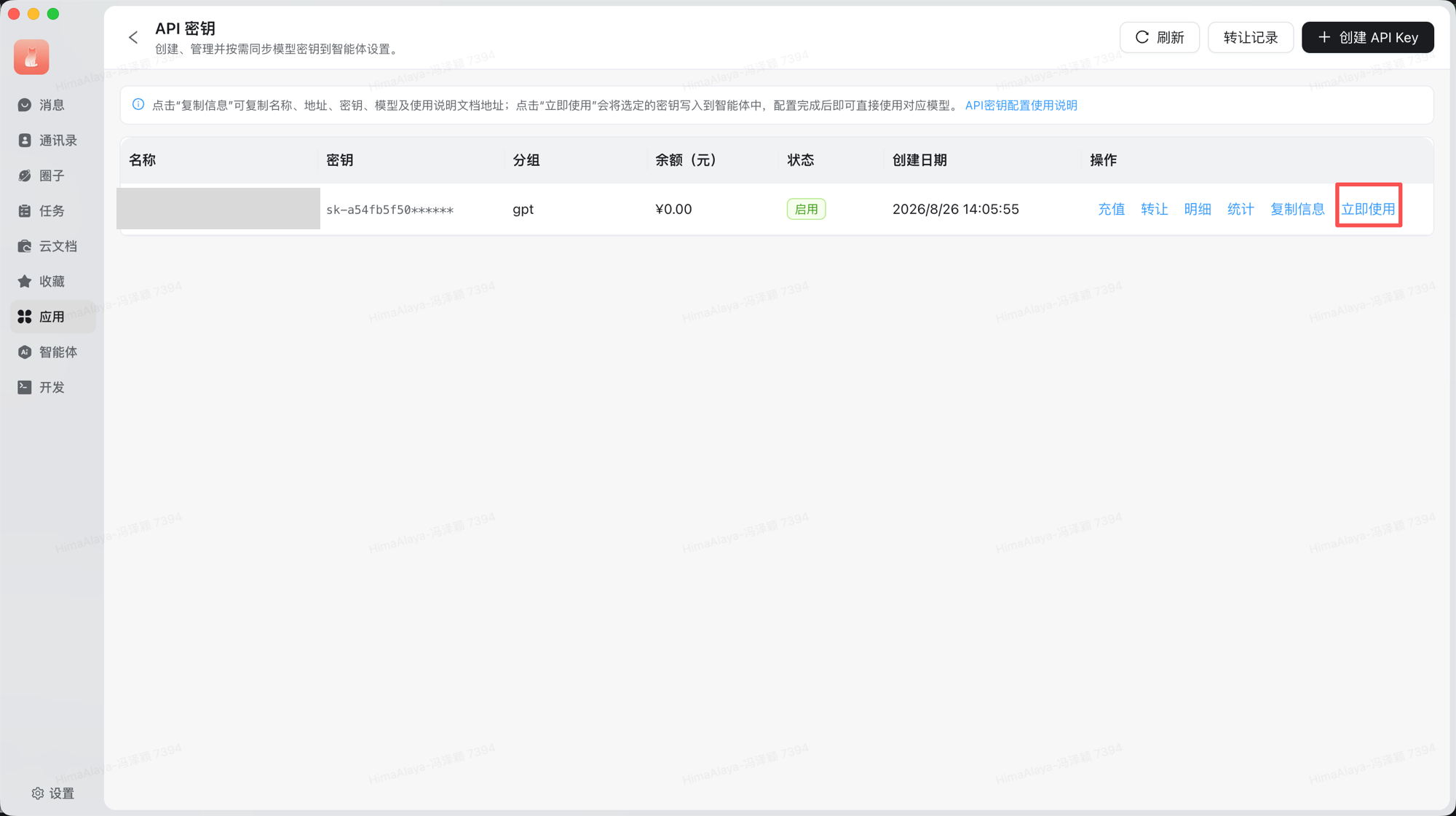 API 密钥列表，操作列的「立即使用」按钮用红框标出，「名称」列已打码